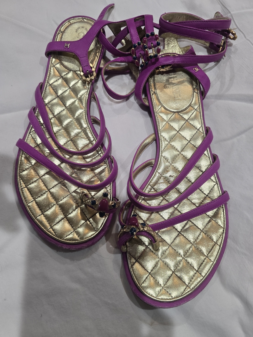 CHANEL Purple Strappy Sandals with Gold Quilted Footbed